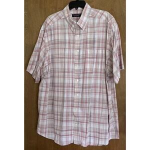 Roundtree & Yorke Men Short Sleeve Shirt Button Down 2XB Pink Plaid 100% Cotton